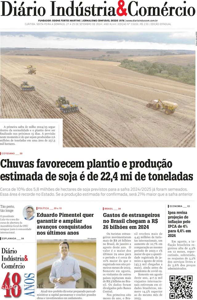 Capa jornal Diário Indústria & Comércio 2024-09-27