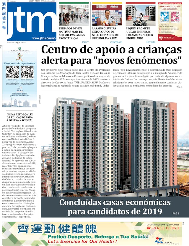 Capa jornal Jornal Tribuna de Macau 2024-09-27