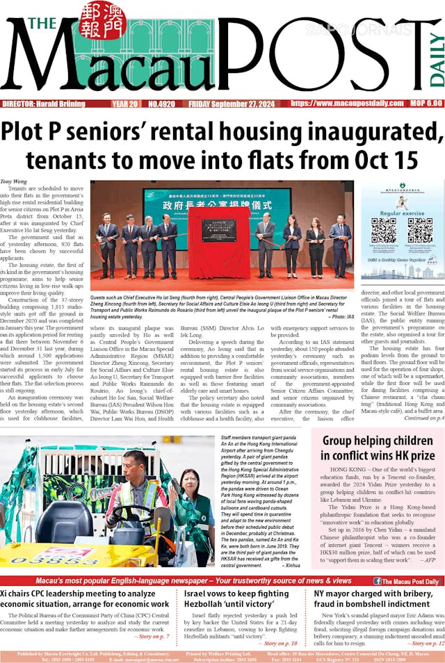 Capa jornal The Macau Post Daily 2024-09-27