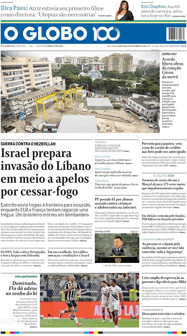 Capa jornal O Globo 2024-09-26