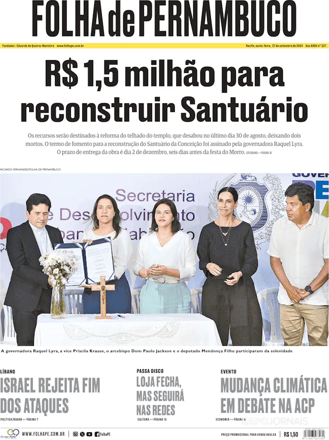 Capa jornal Folha de Pernambuco 2024-09-27