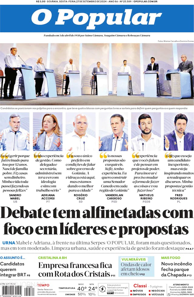 Capa jornal O Popular 2024-09-27