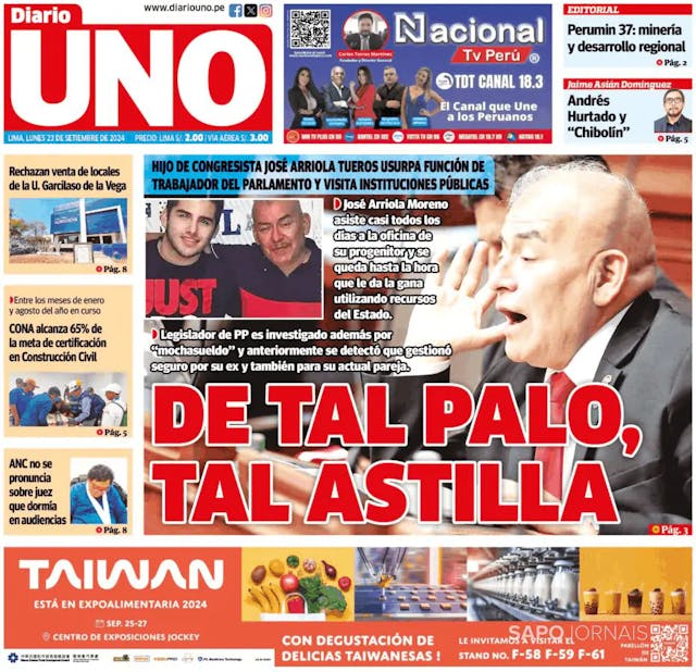 Capa jornal Diario UNO - Lima Perú 2024-09-23