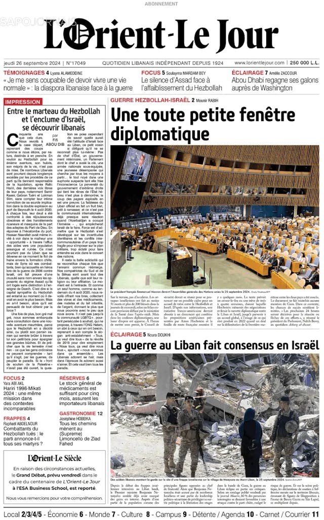 Capa jornal L'orient le jour 2024-09-26