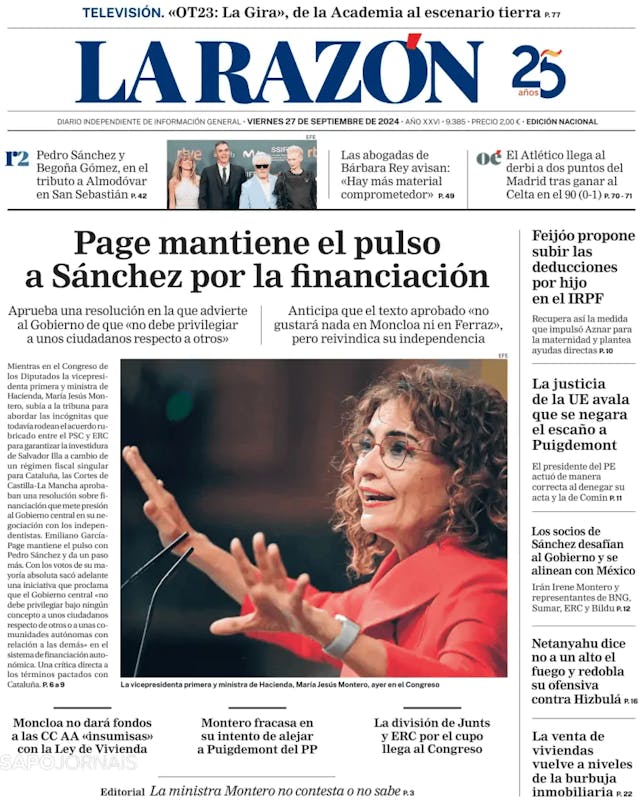 Capa jornal La Razón 2024-09-27