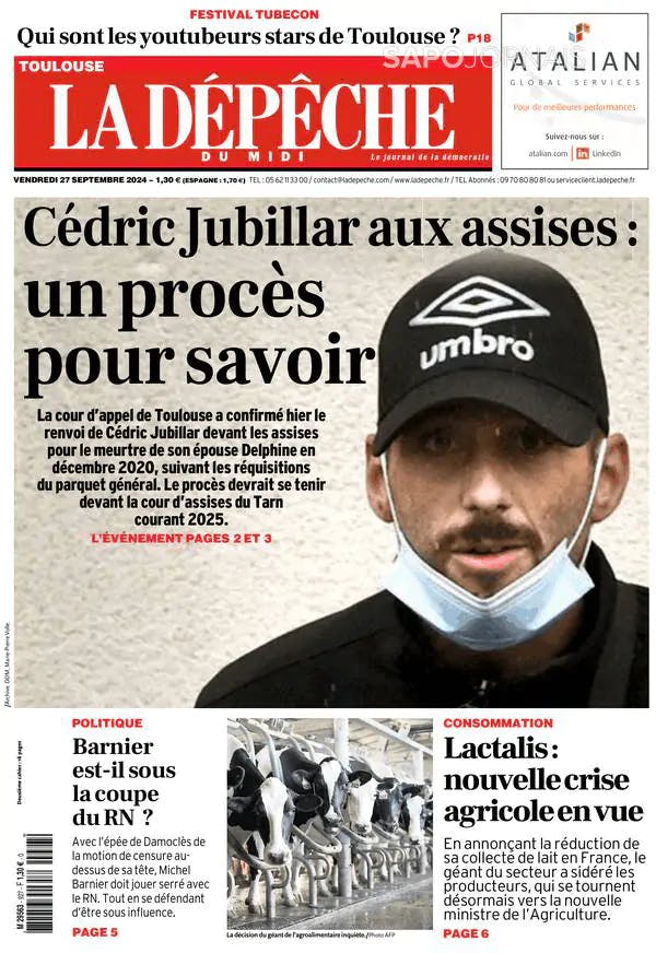 Capa jornal La Dépêche du Midi 2024-09-27