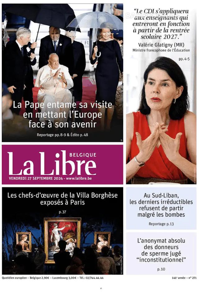 Capa jornal La Libre Belgique 2024-09-27