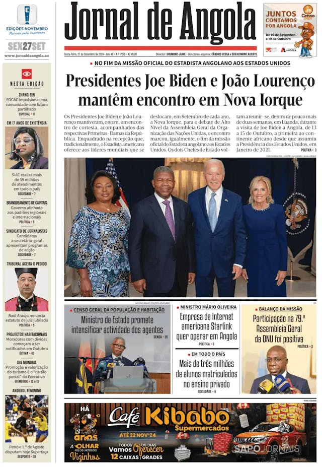 Capa jornal Jornal de Angola 2024-09-27