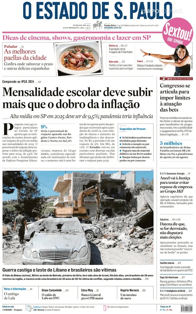 Capa jornal O Estado de S. Paulo 2024-09-27