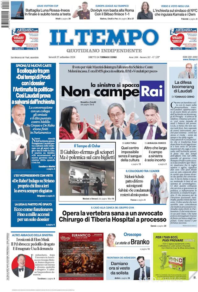 Capa jornal Il Tempo 2024-09-27