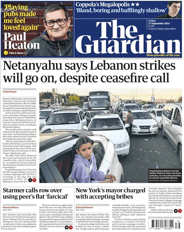 Capa jornal The Guardian 2024-09-27