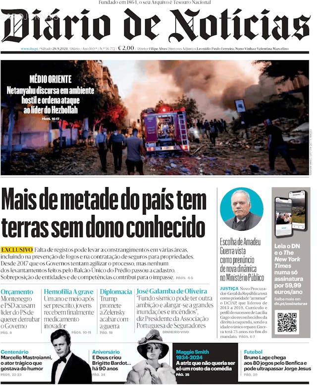 Capa jornal Diário de Notícias 2024-09-28