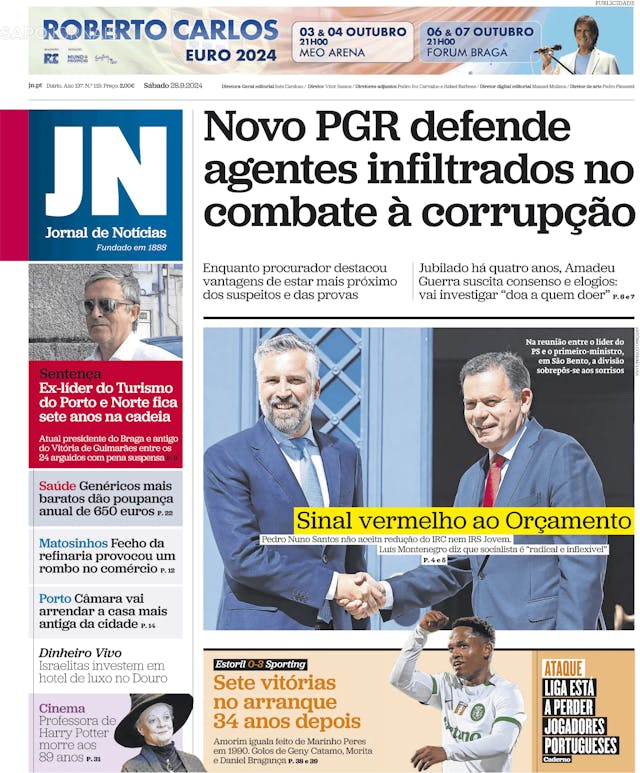 Capa jornal Jornal de Notícias 2024-09-28