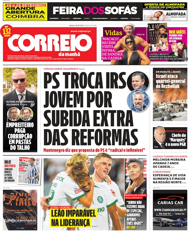 Capa jornal Correio da Manhã 2024-09-28