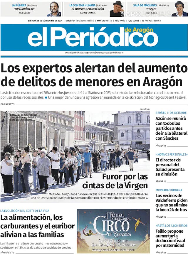 Capa jornal El Periódico de Aragón 2024-09-28