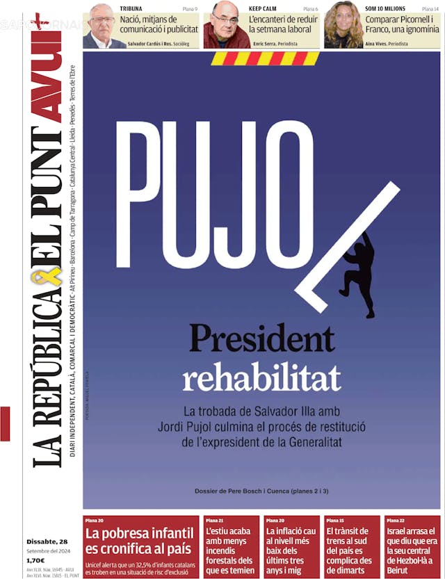 Capa jornal El Punt Avui | Edició Catalunya 2024-09-28