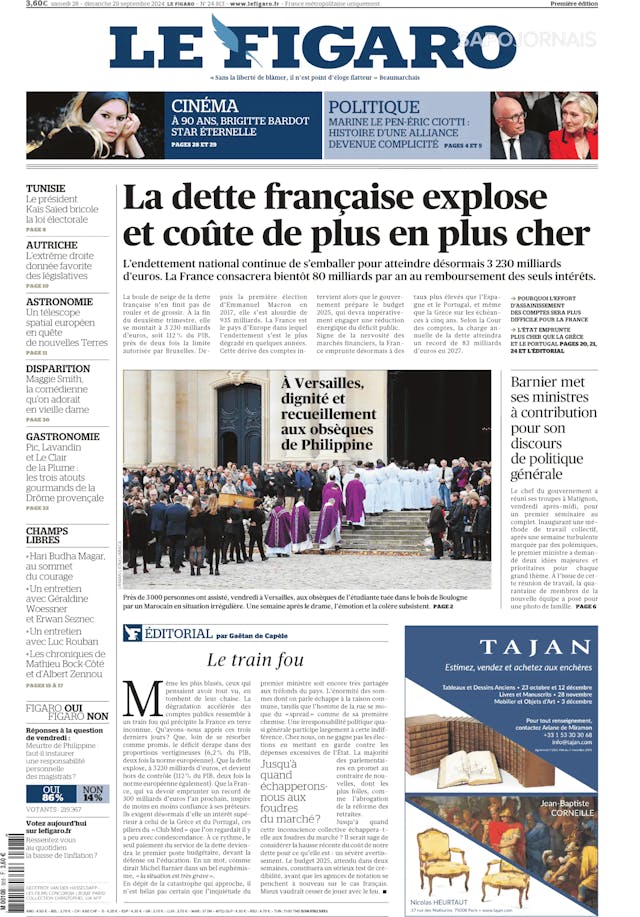 Capa jornal Le Figaro 2024-09-28