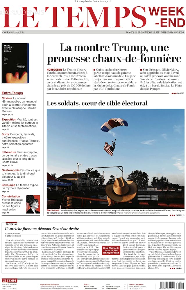 Capa jornal Le Temps 2024-09-28