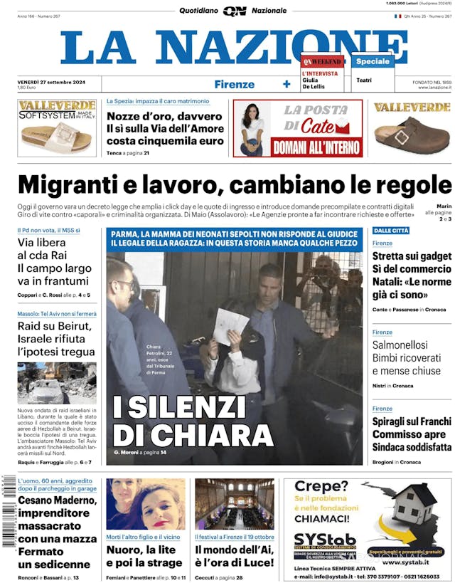 Capa jornal La Nazione 2024-09-27