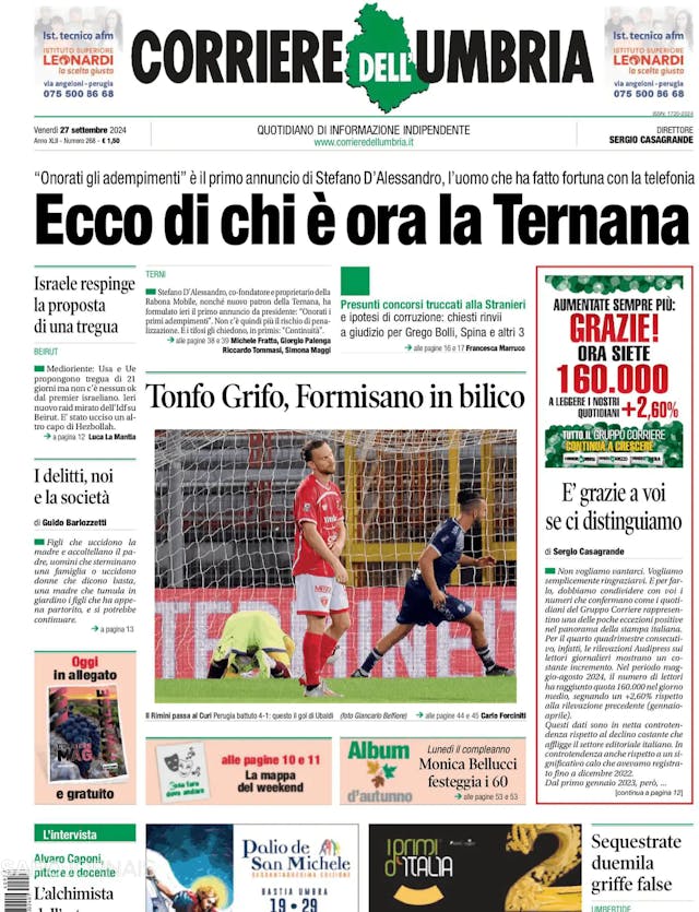 Capa jornal Corriere dell'Umbria 2024-09-27