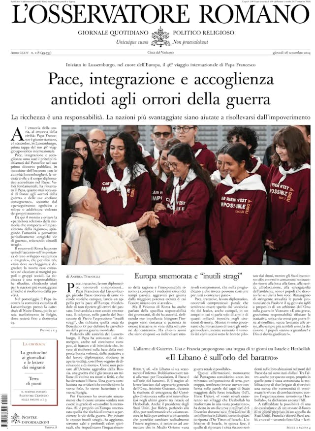 Capa jornal L'Osservatore Romano 2024-09-27