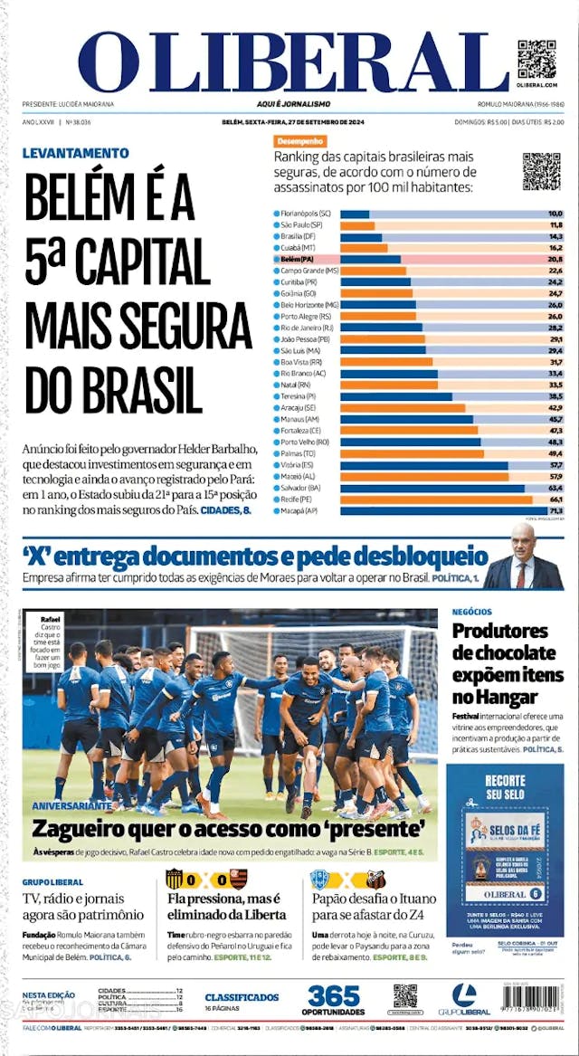 Capa jornal O Liberal 2024-09-27