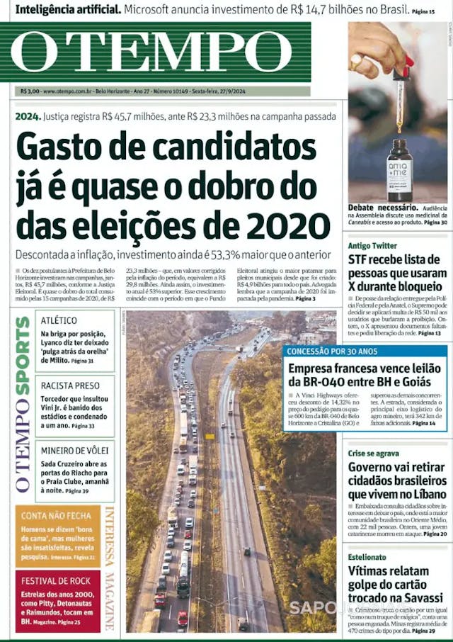 Capa jornal O Tempo 2024-09-27