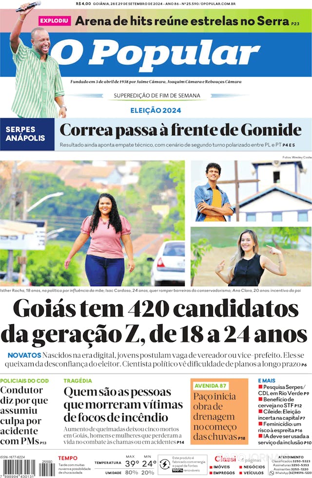 Capa jornal O Popular 2024-09-28