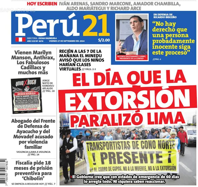 Capa jornal Perú 21 2024-09-27