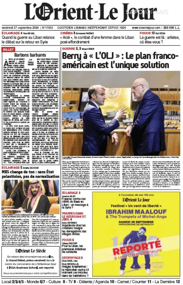 Capa jornal L'orient le jour 2024-09-27