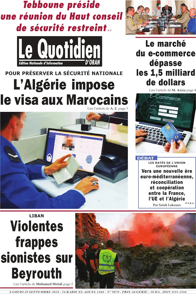 Capa jornal Le Quotidien D’Oran 2024-09-28