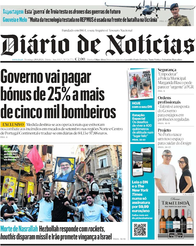 Capa jornal Diário de Notícias 2024-09-29