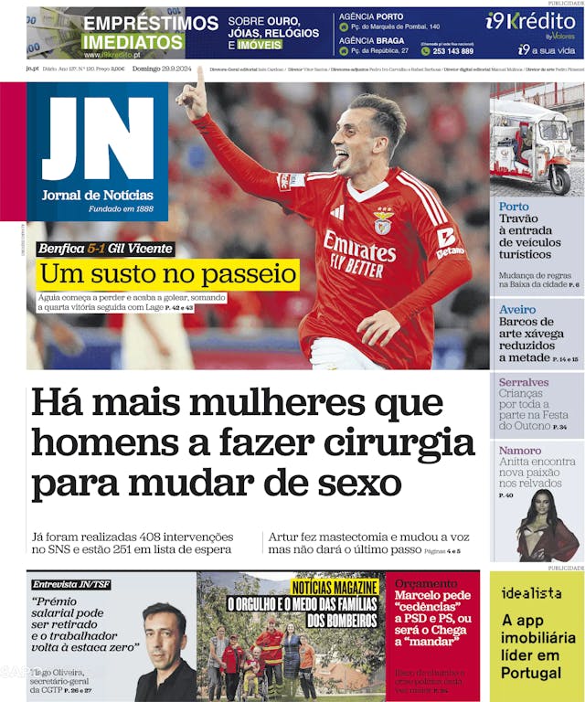 Capa jornal Jornal de Notícias 2024-09-29