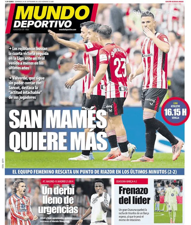 Capa jornal Mundo Deportivo (Bizkaia-Araba) 2024-09-29