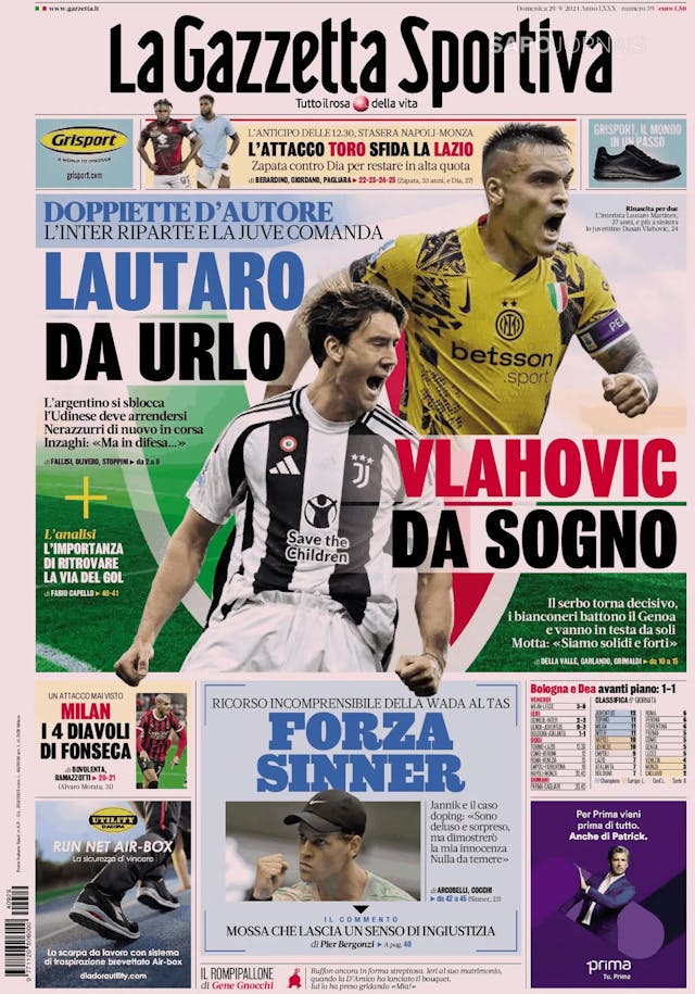 Capa jornal Gazzetta dello Sport 2024-09-29