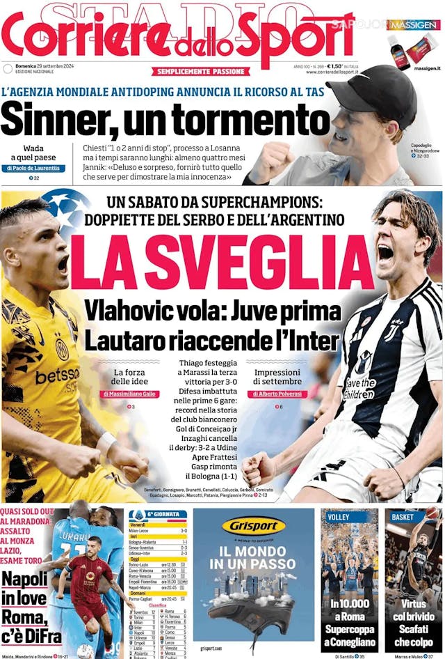 Capa jornal Corriere dello Sport 2024-09-29