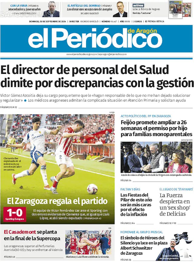 Capa jornal El Periódico de Aragón 2024-09-29