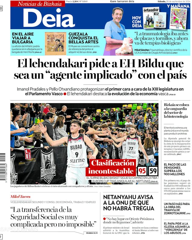 Capa jornal Deia-Noticias de Bizkaia 2024-09-28