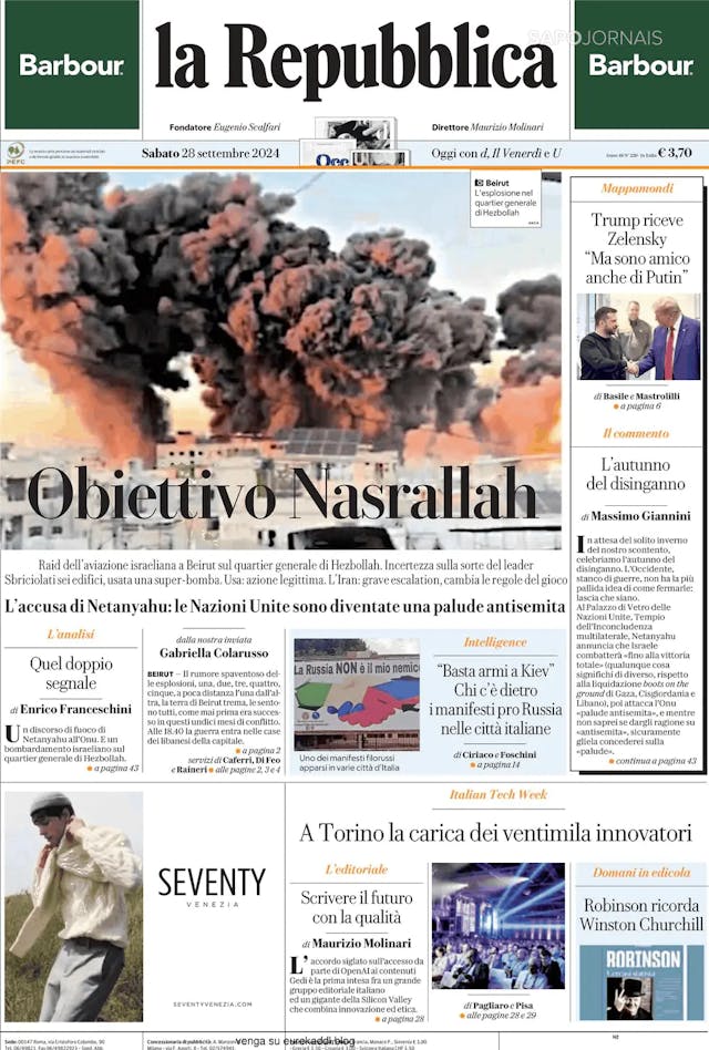 Capa jornal La Repubblica 2024-09-28