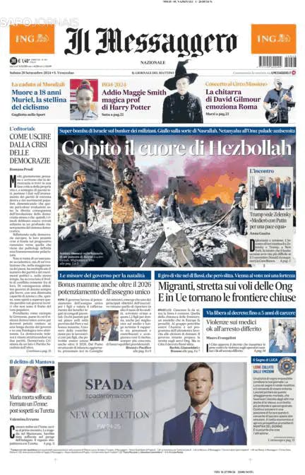 Capa jornal Il Messaggero 2024-09-28