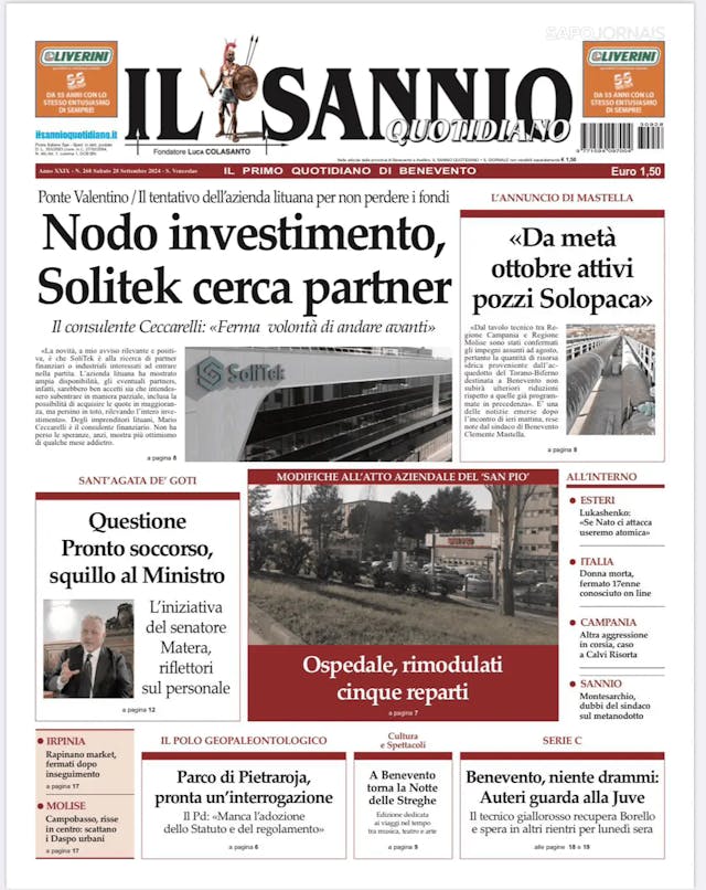 Capa jornal Il Sannio Quotidiano 2024-09-28