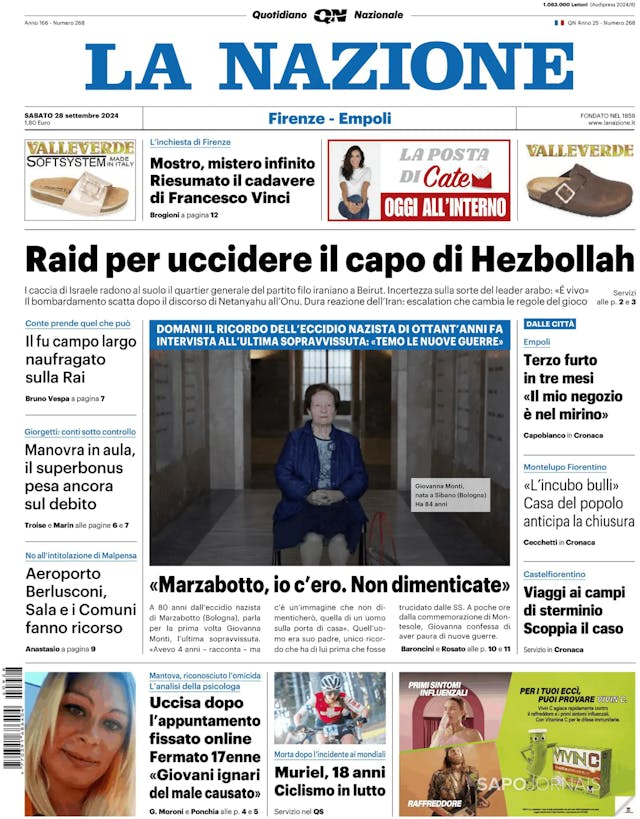 Capa jornal La Nazione 2024-09-28