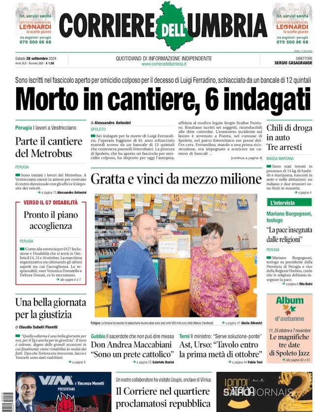 Capa jornal Corriere dell'Umbria 2024-09-28