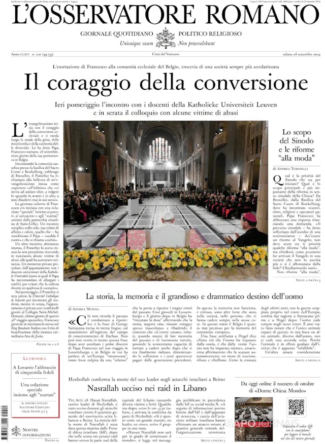 Capa jornal L'Osservatore Romano 2024-09-28