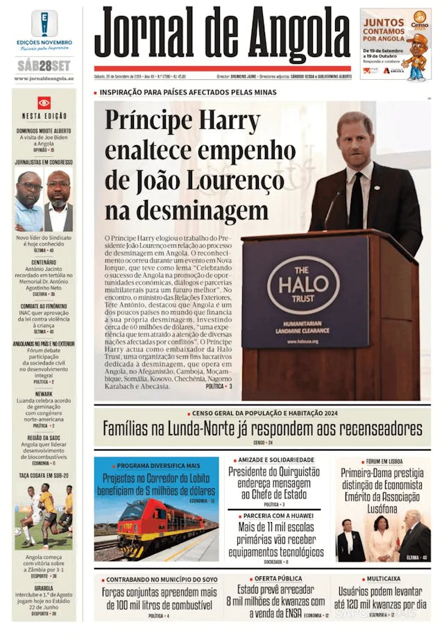 Capa jornal Jornal de Angola 2024-09-28