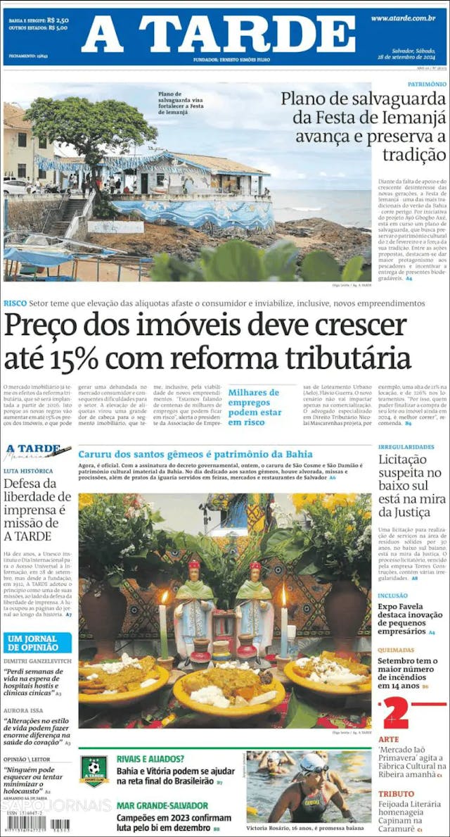 Capa jornal A Tarde 2024-09-28