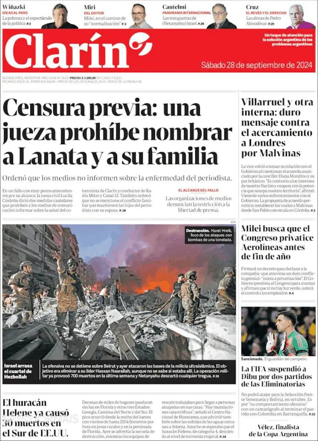 Capa jornal Clarín 2024-09-28