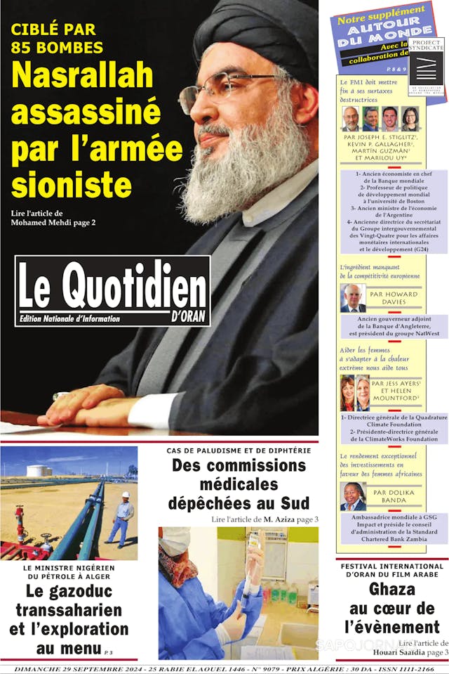 Capa jornal Le Quotidien D’Oran 2024-09-29