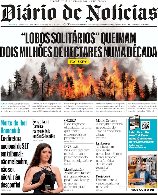 Capa jornal Diário de Notícias 2024-09-30