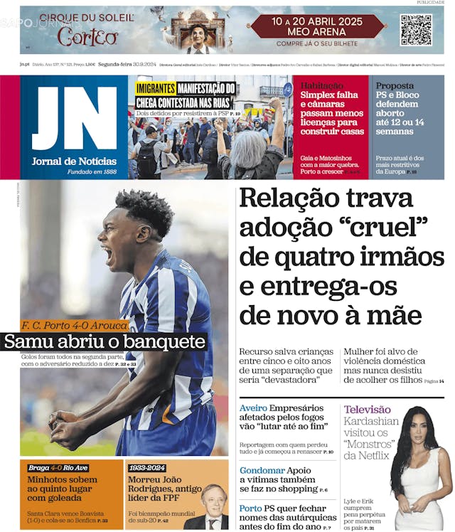 Capa jornal Jornal de Notícias 2024-09-30